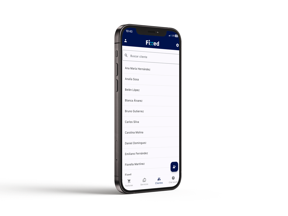 Pantalla de clientes en la app Fixed