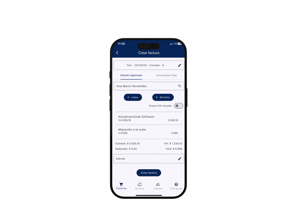Pantalla para crear factura electrónica en la app Fixed